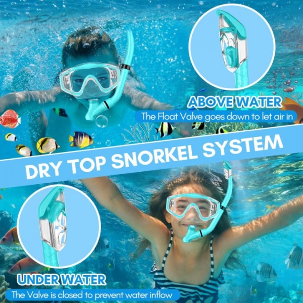 HiiPeak Kids Snorkel Set, Dry Top Snorkel Mask Snorkelling Package, Snorkelling Diving Mask with Breathing Tube Panoramic View Tempered Glass Anti-Fog, Children Swimming Goggles,Snorkeling Gear (Blue)