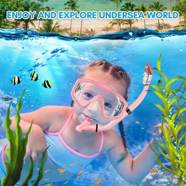 HiiPeak Kids Snorkel Set, Dry Top Snorkel Mask Snorkelling Package, Snorkelling Diving Mask with Breathing Tube Panoramic View Tempered Glass Anti-Fog, Children Swimming Goggles,Snorkeling Gear-Pink