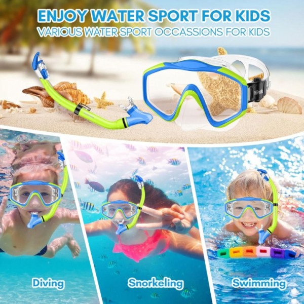 HiiPeak Kids Snorkel Set, Dry Top Snorkel Mask Snorkelling Package, Snorkelling Diving Mask with Breathing Tube Panoramic View Tempered Glass Anti-Fog, Children Swimming Goggles,Snorkeling Gear (YellowBlue）