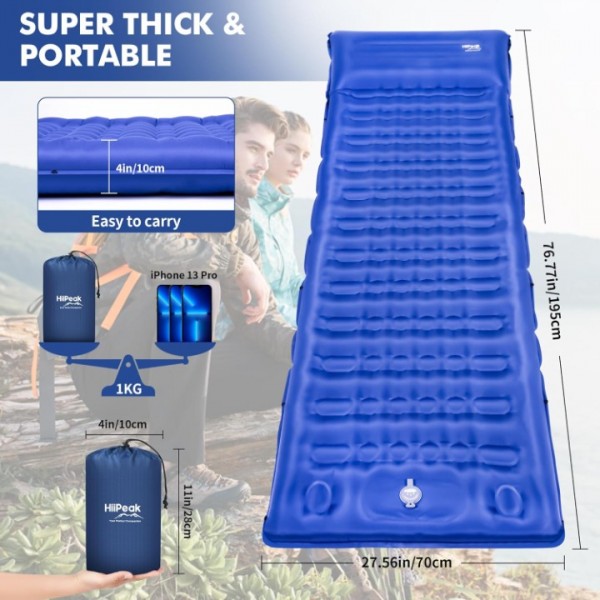 HiiPeak Strong Support Camping Mat, Inflatable Sleeping Mattress 3.9 Inch Thickness Sleeping Pad with Pillow, Quick Inflation Ultralight Portable Camping Sleeping Bed for Backpacking, Hiking, Picnic（Blue）
