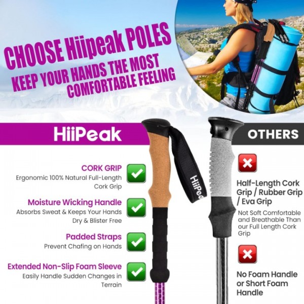 Hiipeak Lightweight Trekking Poles - 2 Pack Adjustable Hiking Sticks- Collapsible Walking Poles - Cork Grip- Aluminum 7075-Quick Flip-Lock for Hiking, Camping & Backpacking