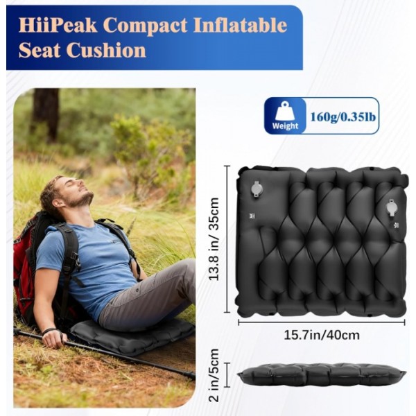 HiiPeak Inflatable Stadium Seat Cushion, Compact Hand Press Stadium Seats Pad Bleacher Seat Chair Cushion Pad for Airplane Travel Camping Backpacking Sports Event (BLACK)
