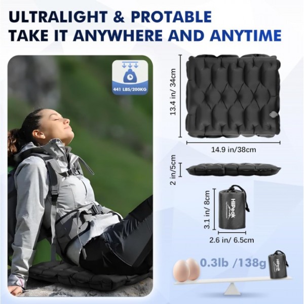 HiiPeak Inflatable Seat Cushion, Lightweight Compact Stadium Seat Pad Camping Air Seat Cushion for Airplane Travel Bleachers Backpacking Hiking Office Car Sports Events Concert (Black)