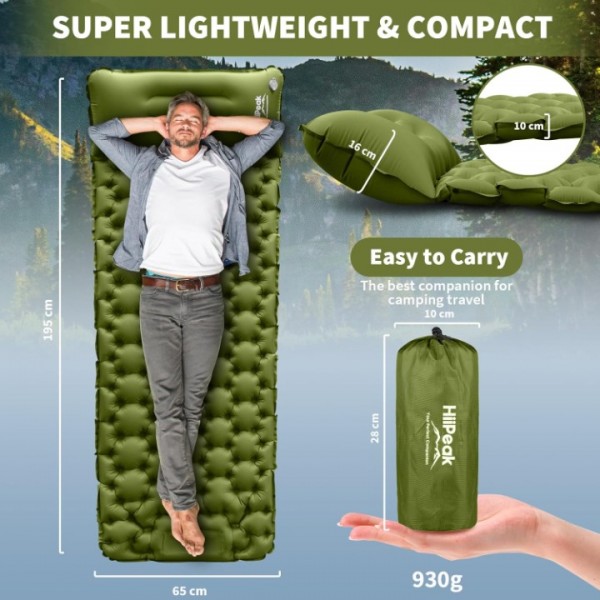 HiiPeak Sleeping Pad for Camping- Ultralight Inflatable Sleeping Mat with Built-in Foot Pump & Pillow, Upgraded Compact Camping Air Mattress for Tent, Backpacking, Hiking（Green）