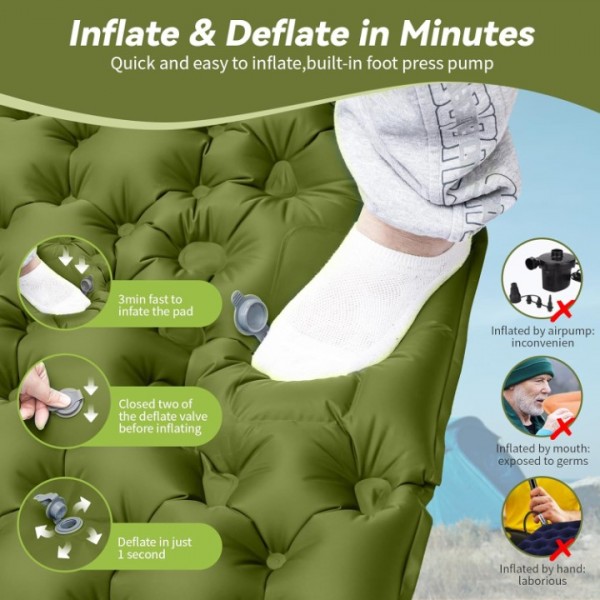 HiiPeak Double Sleeping Pad - Self Inflating 4" Extra-Thick for 2 Person with Pillow Built-in Foot Pump Inflatable Sleeping Mat for Backpacking, Hiking, Traveling, Tent, Portable Camping Mat（Green）