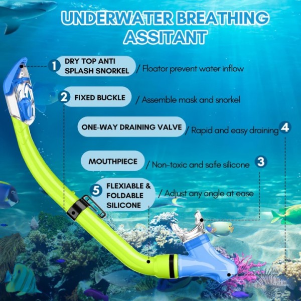 HiiPeak Kids Snorkel Set, Dry Top Snorkel Mask Snorkelling Package, Snorkelling Diving Mask with Breathing Tube Panoramic View Tempered Glass Anti-Fog, Children Swimming Goggles,Snorkeling Gear (YellowBlue）