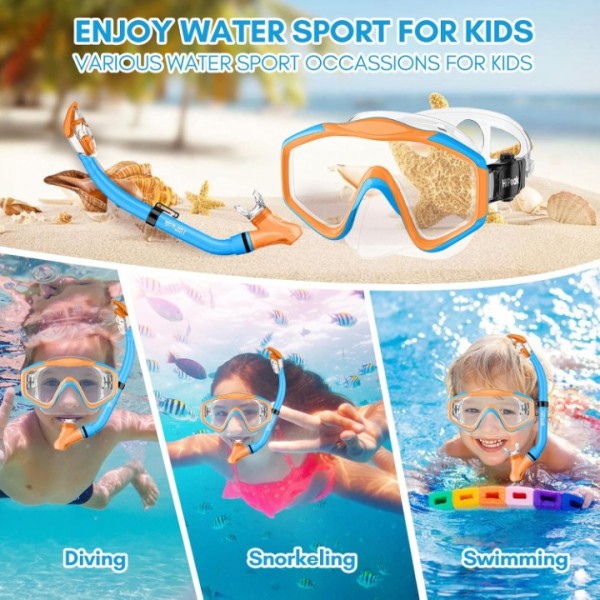 HiiPeak Kids Snorkel Set, Dry Top Snorkel Mask Snorkelling Package, Snorkelling Diving Mask with Breathing Tube Panoramic View Tempered Glass Anti-Fog, Children Swimming Goggles,Snorkeling Gear-BlueOrange