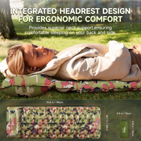 HiiPeak Sleeping Pad - Ultralight Inflatable Sleeping Mat with Built-in Foot Pump, Durable Compact Waterproof Camping Air Mattress for Camping, Backpacking, Hiking, Tent Trap Traveling（Green Camo）