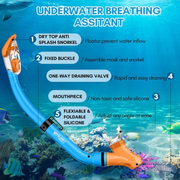 HiiPeak Kids Snorkel Set, Dry Top Snorkel Mask Snorkelling Package, Snorkelling Diving Mask with Breathing Tube Panoramic View Tempered Glass Anti-Fog, Children Swimming Goggles,Snorkeling Gear-BlueOrange