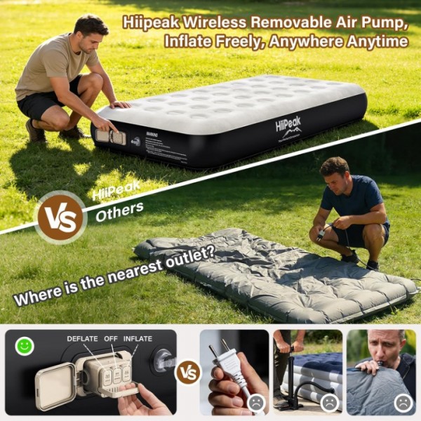 HiiPeak Queen Air Mattress – Built-in Wireless Pump, Suede Top, Inflatable Bed for Camping, Guests & Home Use