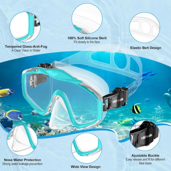 HiiPeak Kids Snorkel Set, Dry Top Snorkel Mask Snorkelling Package, Snorkelling Diving Mask with Breathing Tube Panoramic View Tempered Glass Anti-Fog, Children Swimming Goggles,Snorkeling Gear (Blue)
