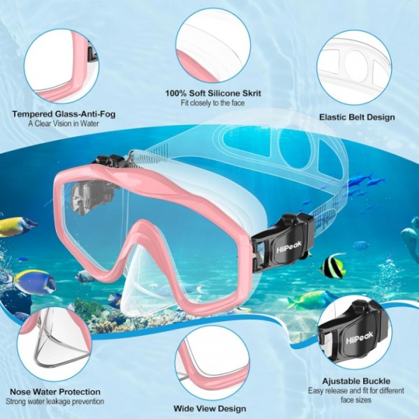 HiiPeak Kids Snorkel Set, Dry Top Snorkel Mask Snorkelling Package, Snorkelling Diving Mask with Breathing Tube Panoramic View Tempered Glass Anti-Fog, Children Swimming Goggles,Snorkeling Gear-Pink