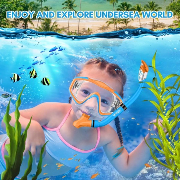 HiiPeak Kids Snorkel Set, Dry Top Snorkel Mask Snorkelling Package, Snorkelling Diving Mask with Breathing Tube Panoramic View Tempered Glass Anti-Fog, Children Swimming Goggles,Snorkeling Gear-BlueOrange