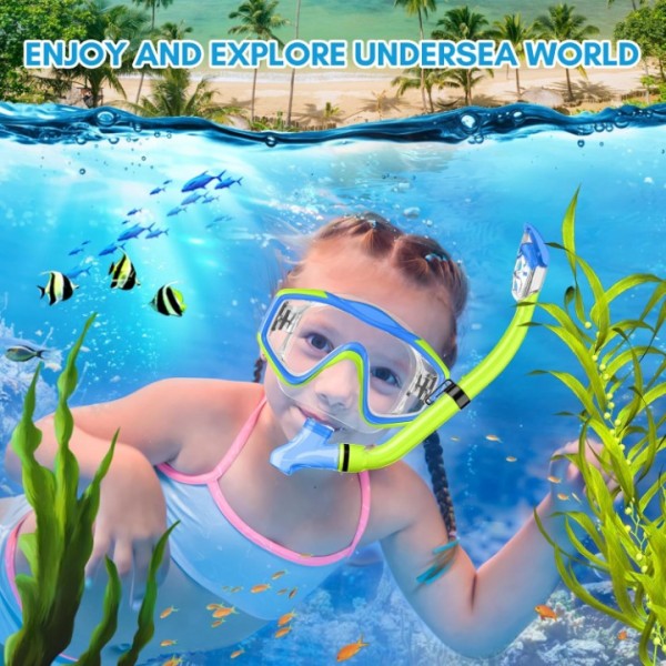 HiiPeak Kids Snorkel Set, Dry Top Snorkel Mask Snorkelling Package, Snorkelling Diving Mask with Breathing Tube Panoramic View Tempered Glass Anti-Fog, Children Swimming Goggles,Snorkeling Gear (YellowBlue）