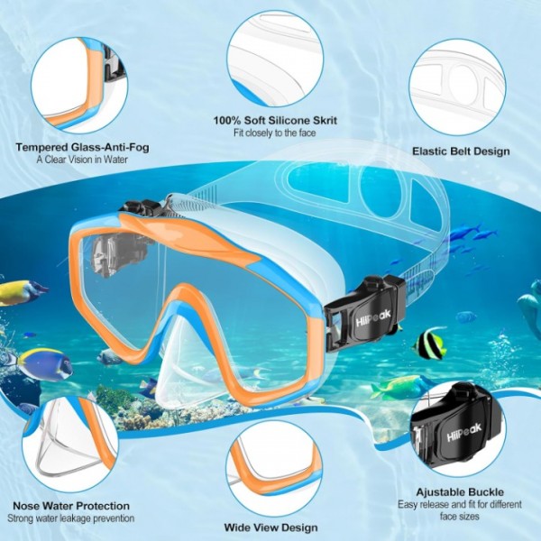 HiiPeak Kids Snorkel Set, Dry Top Snorkel Mask Snorkelling Package, Snorkelling Diving Mask with Breathing Tube Panoramic View Tempered Glass Anti-Fog, Children Swimming Goggles,Snorkeling Gear-BlueOrange