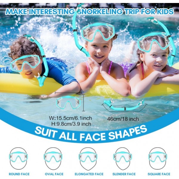 HiiPeak Kids Snorkel Set, Dry Top Snorkel Mask Snorkelling Package, Snorkelling Diving Mask with Breathing Tube Panoramic View Tempered Glass Anti-Fog, Children Swimming Goggles,Snorkeling Gear (Blue)