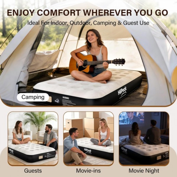 HiiPeak Queen Air Mattress – Built-in Wireless Pump, Suede Top, Inflatable Bed for Camping, Guests & Home Use