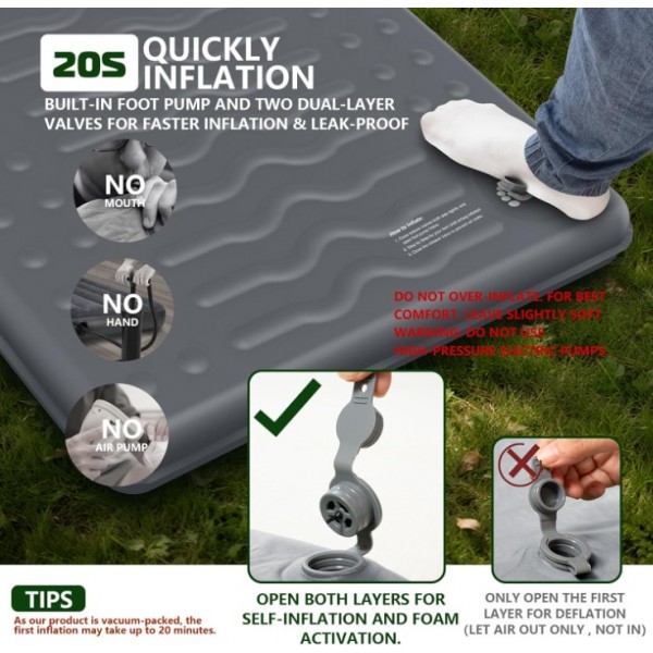 HiiPeak Memory Sleeping Pad, Compact Thick Foam Sleeping Mats with Pillow, 9.5 R-Value Insulated Camping Mattress Pad, Easy Inflate & Deflate, Inflatable Sleep Mat for Backpacking Hiking Car Tent (Gray)