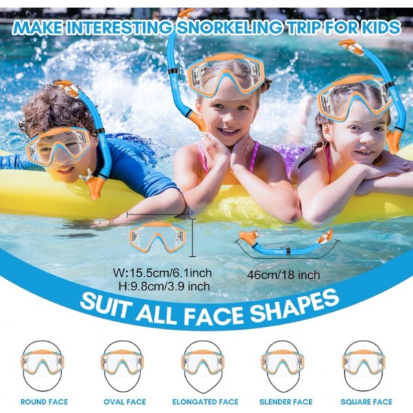 HiiPeak Kids Snorkel Set, Dry Top Snorkel Mask Snorkelling Package, Snorkelling Diving Mask with Breathing Tube Panoramic View Tempered Glass Anti-Fog, Children Swimming Goggles,Snorkeling Gear-BlueOrange