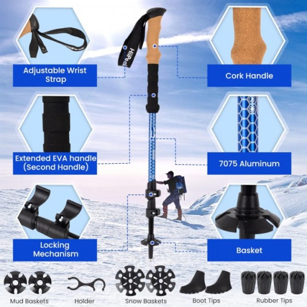 Hiipeak Lightweight Trekking Poles - 2 Pack Adjustable Hiking Sticks- Collapsible Walking Poles - Cork Grip- Aluminum 7075-Quick Flip-Lock for Hiking, Camping & Backpacking