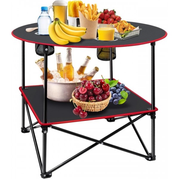 HiiPeak Camping Table, Folding Picnic Table with 4 Cup Holders and Carrying Bag, Portable Camp Table with Handle Design for BBQ Outdoor Fishing Beach Picnic Travel, Camping Essentials Black Table