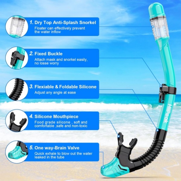 HiiPeak Snorkeling Gear for Adults, Dry Snorkel Set, Panoramic Wide View, Diving Scuba Mask Snorkel Set, Swimming Glasses Nose Cover Youth Diving Goggles (Blue)