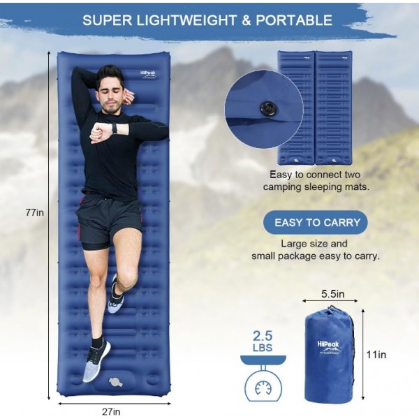 HiiPeak Sleeping Pad - Ultralight Inflatable Sleeping Mat with Built-in Foot Pump, Durable Compact Waterproof Camping Air Mattress for Camping, Backpacking, Hiking, Tent Trap Traveling（Blue）