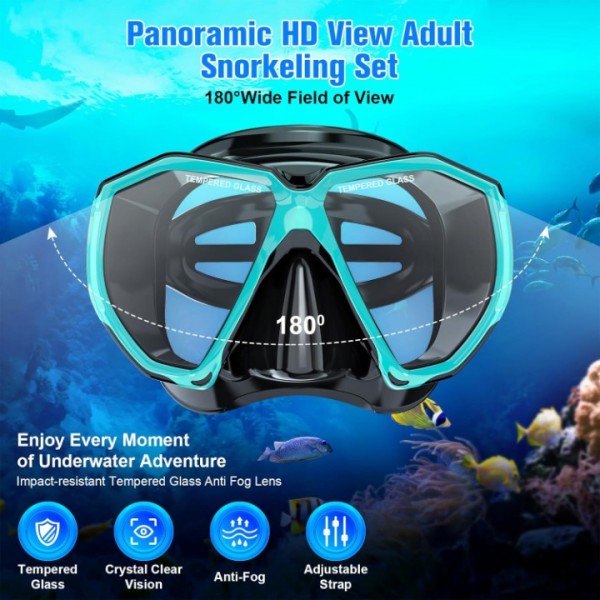 HiiPeak Snorkeling Gear for Adults, Dry Snorkel Set, Panoramic Wide View, Diving Scuba Mask Snorkel Set, Swimming Glasses Nose Cover Youth Diving Goggles (Blue)