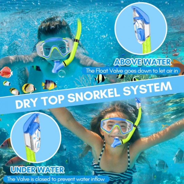 HiiPeak Kids Snorkel Set, Dry Top Snorkel Mask Snorkelling Package, Snorkelling Diving Mask with Breathing Tube Panoramic View Tempered Glass Anti-Fog, Children Swimming Goggles,Snorkeling Gear (YellowBlue）